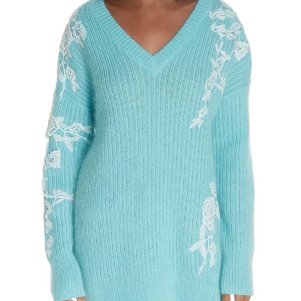 Lewit Silk Mohair Embroidered V neck Tunic Waffle Oversized Sweater L